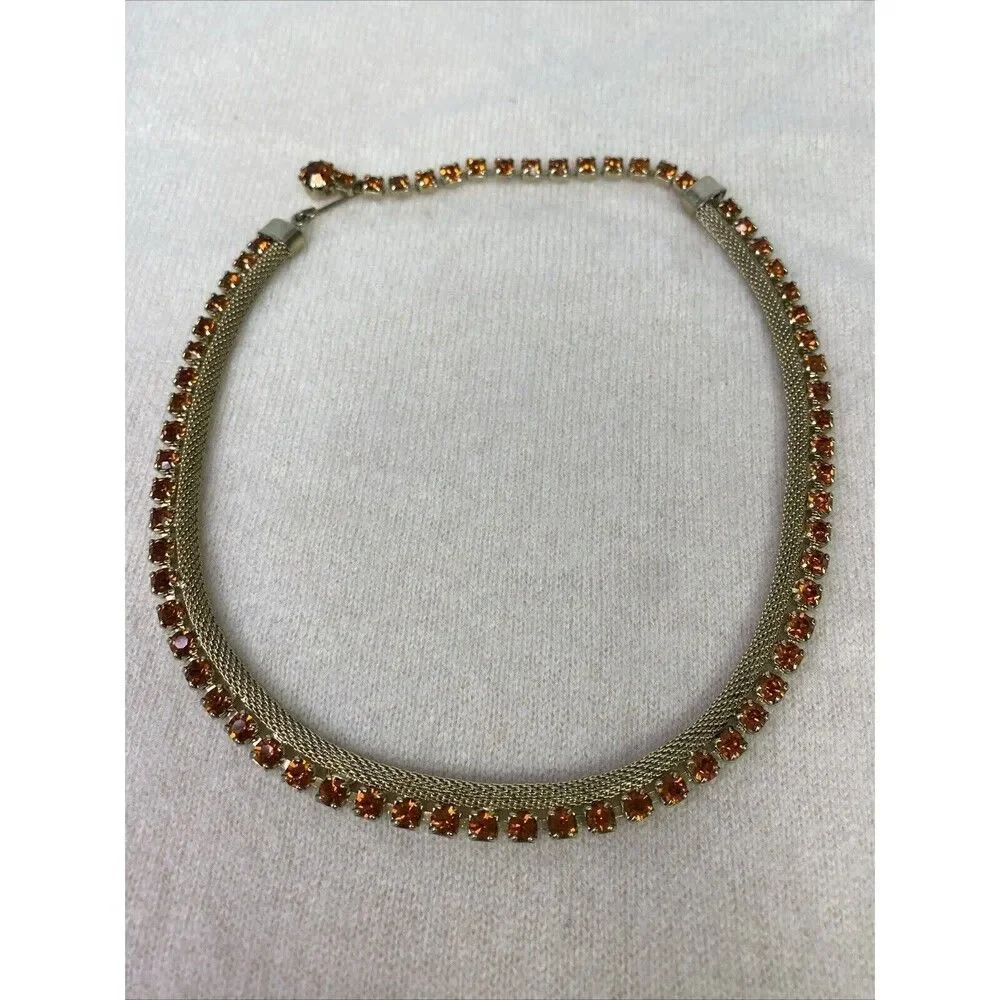 Weiss Gold Tone Mesh Amber Orange Rhinestone Necklace & Bracelet Set Vintage